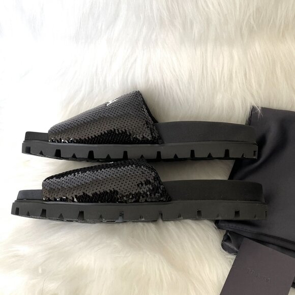 Prada Black Sequin White Logo Slide Sandal - Picture 6 of 12